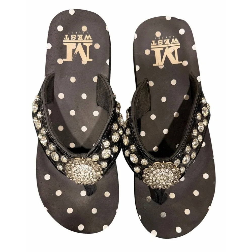 Montana West Rhinestone Black/ White Polka Dot Flip Flops‎ Women's Size 9